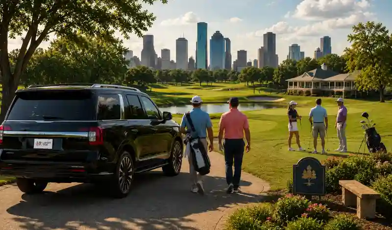 Golfers arriving at a Houston golf course in a luxury SUV for private, public, and championship golf experiences.